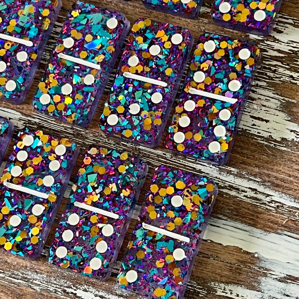 Dazzling Sparkle Glitter Resin Dominoes Game with Velvet Bag 28 pieces Glitter - Picture 7 of 10